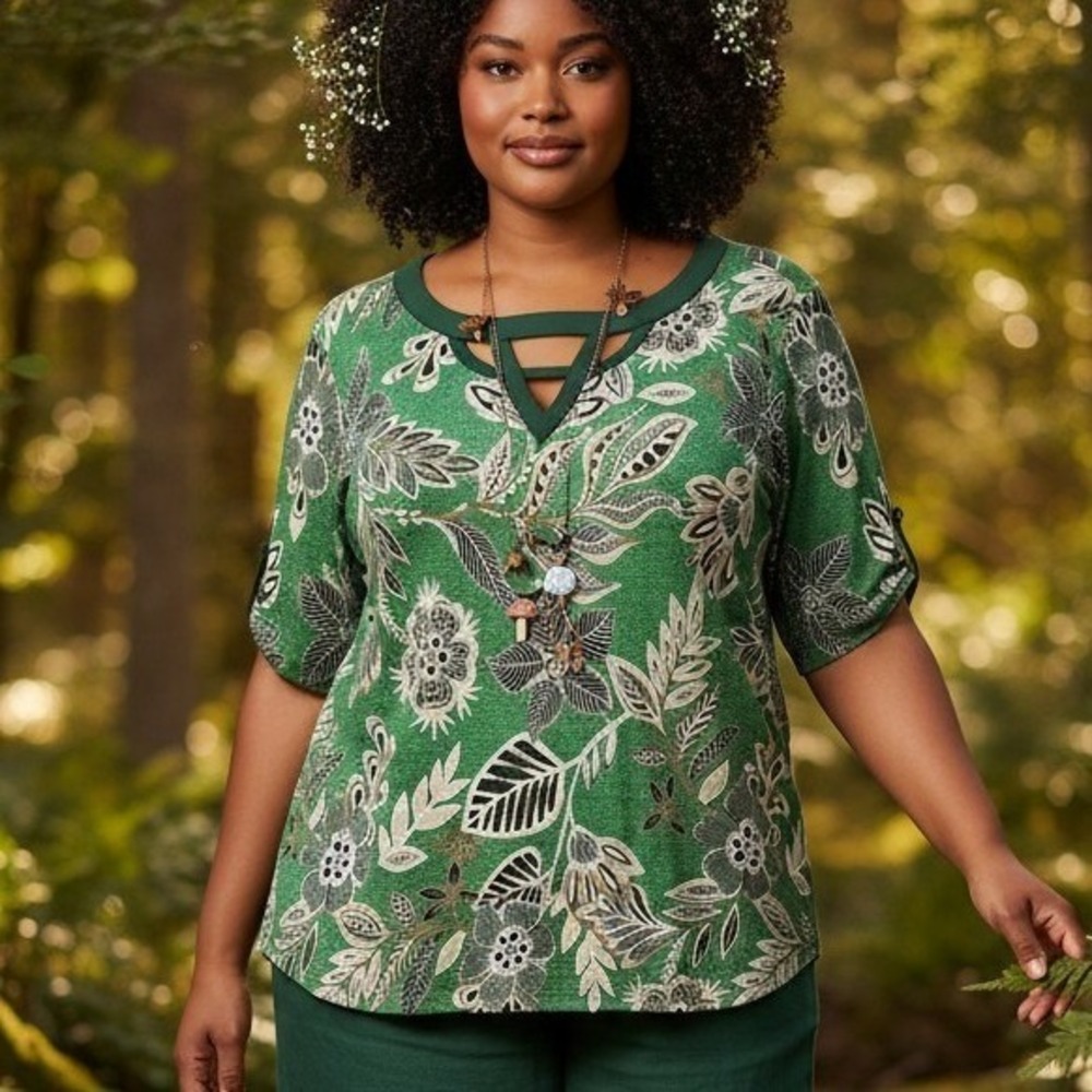 NAIF Tunic 2X Green Botanical Floral Split Neck Holiday Cruise Wear